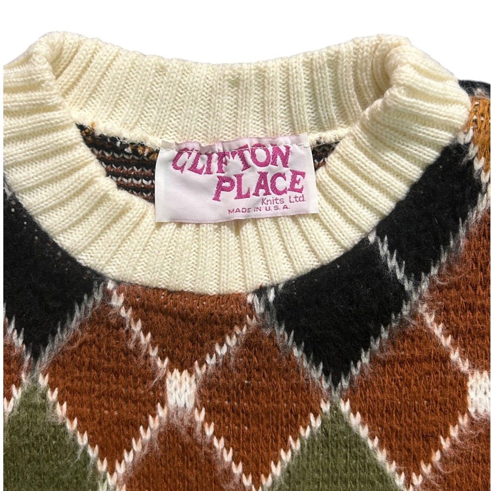 Vintage Clifton Place Knits Argyle Sweater Made in USA Crewneck Multicolor